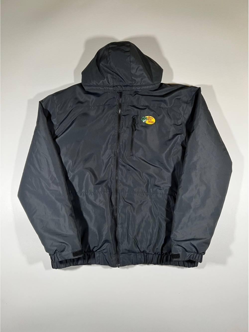 Bass Pro Shops Black Hooded Rain Jacket Men's Zip-Up Outdoor Fishing Gear